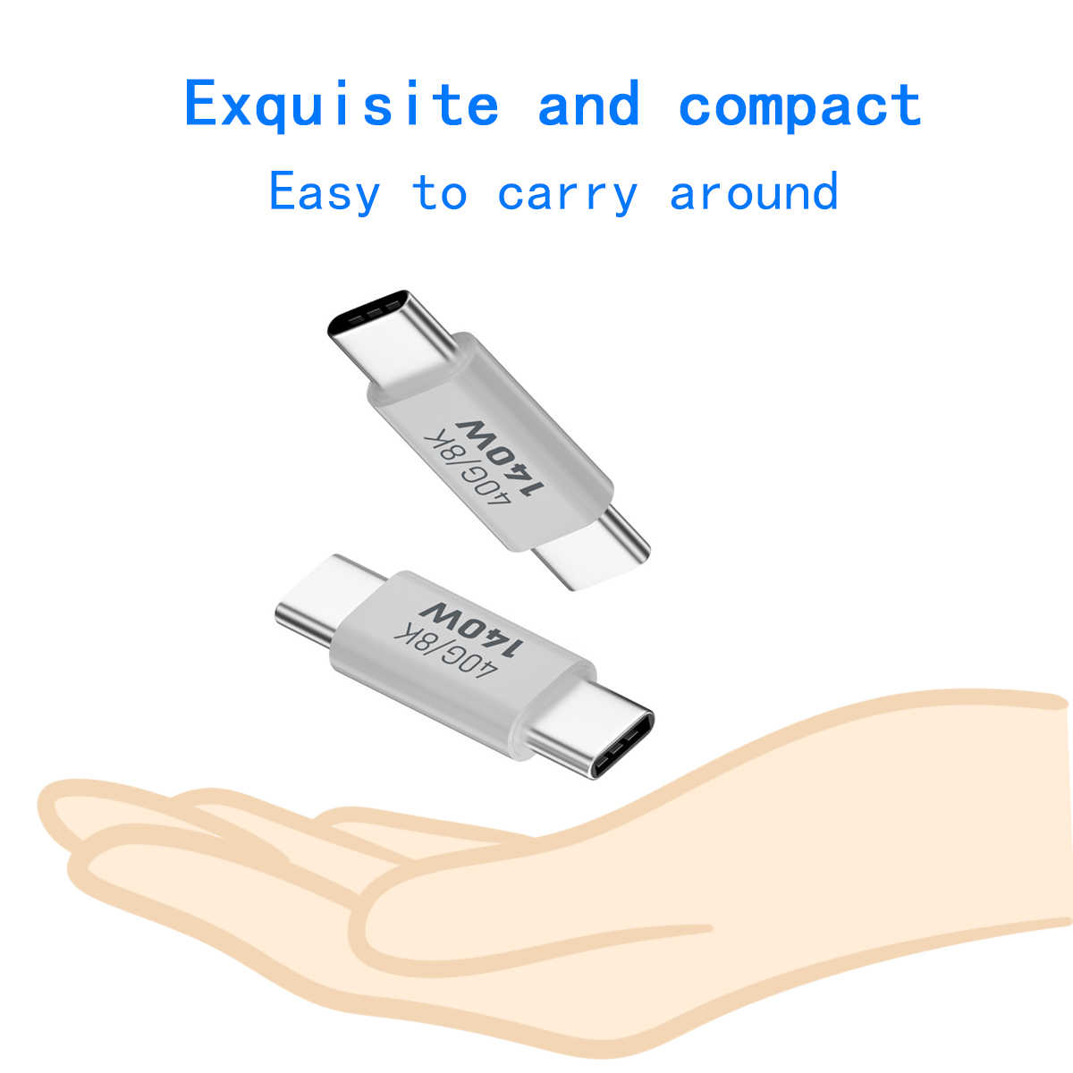 A USB-C male to USB male adapter, shown in a hand to illustrate its compact size. The adapter features a silver metal body and text indicating its power capabilities.