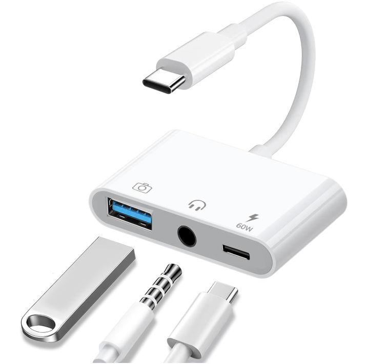 Aux to USB C to USB Adapter, 3-in-1 USB OTG