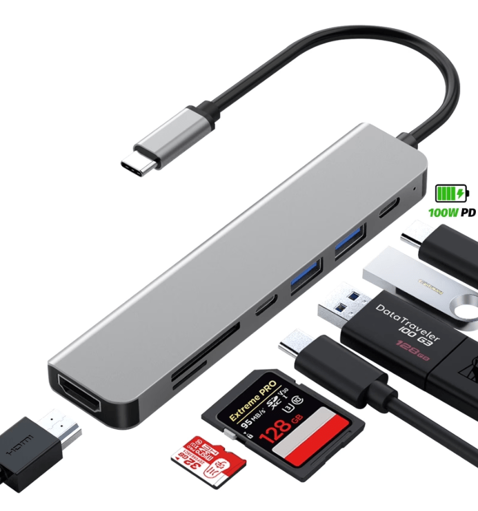 7-Port USB C Hub with 4K HDMI, 100W PD, USB-C & USB 3.0, SD/TF Card Reader